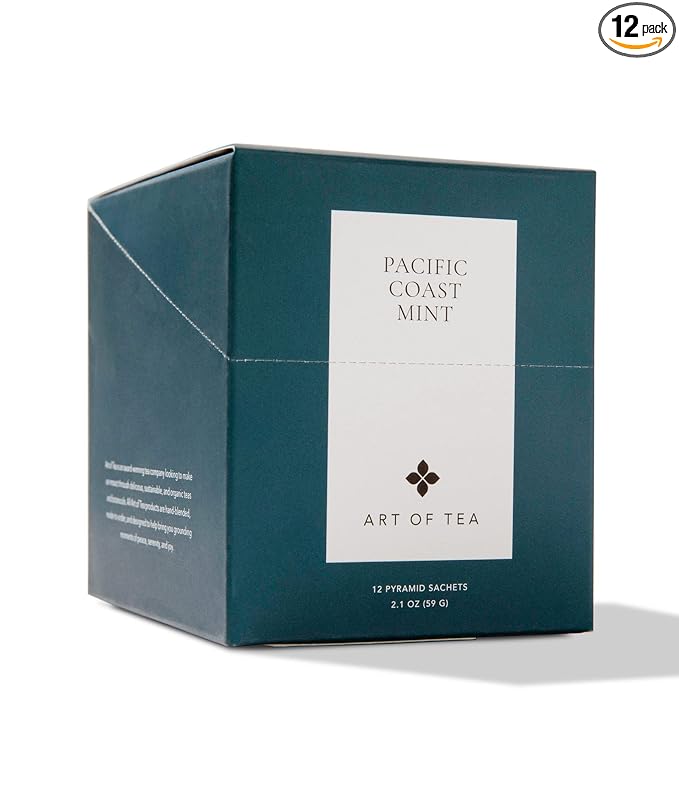 Art of Tea | Pacific Coast Mint (Naturally Caffeine Free) | 12 Eco Friendly Pyramid Peppermint Tea Bags Sachet