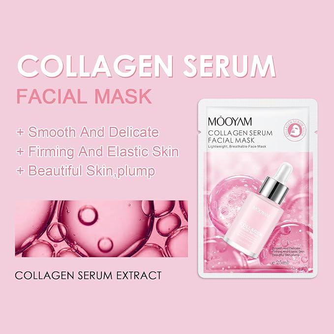 6 Pack Collagen Serum Sheet Masks,Facial Masks Skincare for Women,Hydrating & Moisturizing Face Masks for All Skin Types,Smooth,Nourishing,Lightweight
