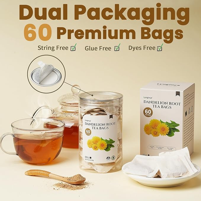 Lynginya Dandelion Root Tea, 60 Tea Bags - Premium Roasted Dandelion Root - Natural Herbal Tea - Rich Flavor - No Sugar & No Caffeine