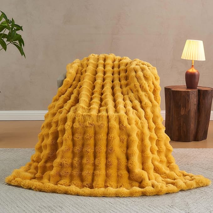 Lotus Karen Faux Fur Throw Blanket Ginger Yellow - Big Bubble Rabbit Fluff Blanket for Couch Bed Sofa,Softest Fluffy Fuzzy Cozy Blanket,Thick Furry Plush Shaggy Warm Blankets for Women,50x60 Inches