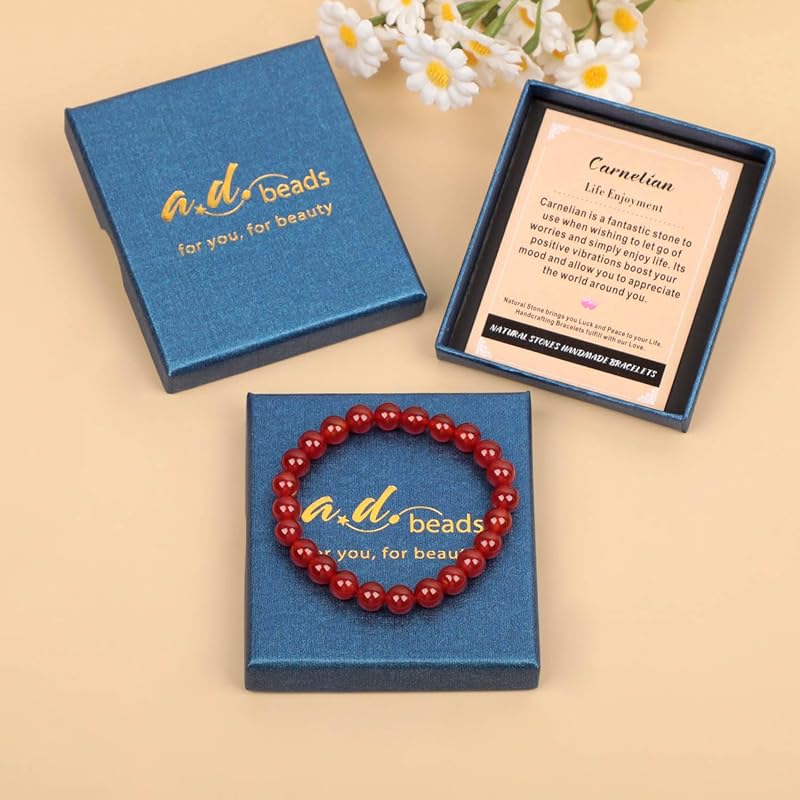 AD Beads Handmade Gemstone Stretch Elastic Bracelet Crystal Healing Reiki Nature's Beauty and Spiritual Essence Unisex (8mm, Carnelian (Life Enjoyment))
