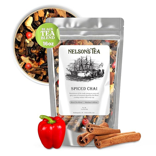 Nelson's Tea - Spiced Chai Loose Leaf Tea with Cinnamon Chips, Clove, Peppercorns, and Orange Peel - Aromatic Chai Tea Blend - Black Loose Leaf Herbal Tea (16 oz)