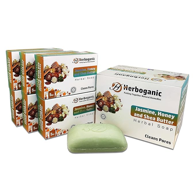 HERBOGANIC Jasmine Honey and Shea butter Herbal Soap | Pack of 6 of 5oz soap Bar | Ideal for Men and Women, Soothing and Nourishing Soap for Moisturization