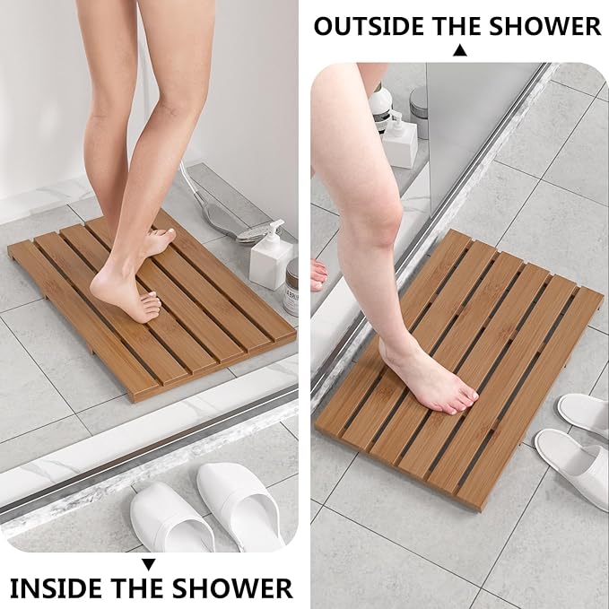 Domax Wooden Bamboo Bath Shower Mat- Non-Slip Waterproof Large Bathroom Floor Mat for Indoor Outdoor (Walnut, 21.26 x 14.17 x 1.3 Inches)