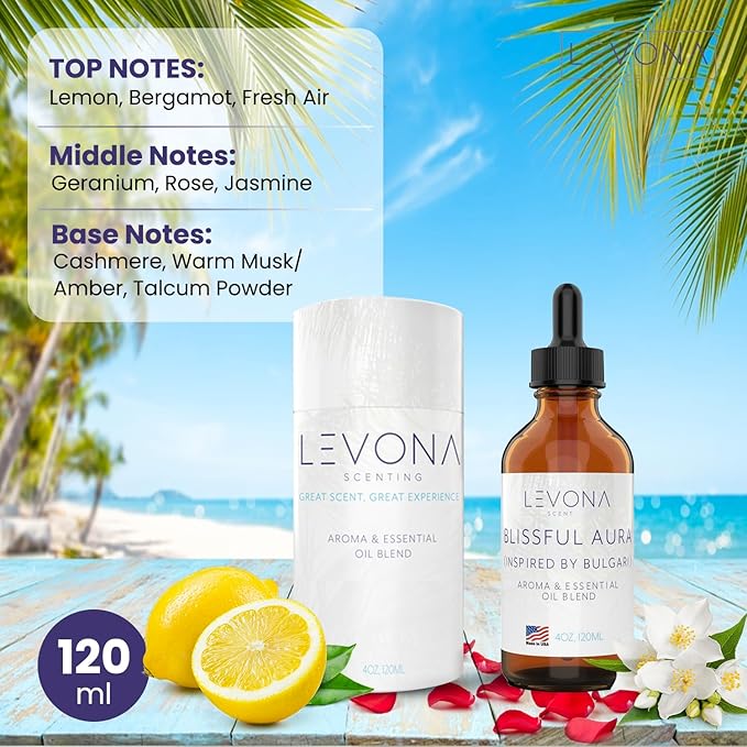 Levona Scent Essential Oils for Diffuser: Blissful Aura Inspired with Notes of Amber, Musk & Jasmine - Home Luxury Scents for Hotel - Fragrance Oil - 120 Ml Essential Oil
