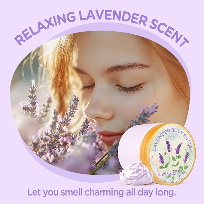 Lavender Body Butter, Natural Body Butter for Men Women Smell Good, Lavender Scented Shea Butter Body Cream, Body Moisturizer for Dry Skin 6.8 floz