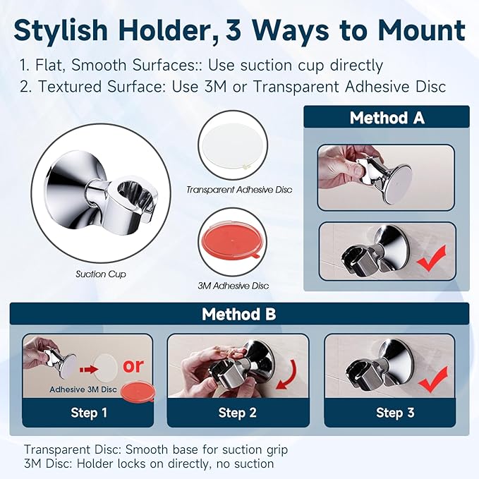 BRIGHT SHOWERS Handheld Shower Head Holder with Dual Angle Positions, Wall Suction Bracket Includes Adhesive 3M Disc, No Tools Required and Easy Installation, Chrome Finish