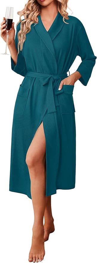 Ekouaer Robes for Women Long Waffle Knit Bathrobe Lightweight Kimono Robe Soft Shawl Collar Spa Robes with Pockets S-XXL