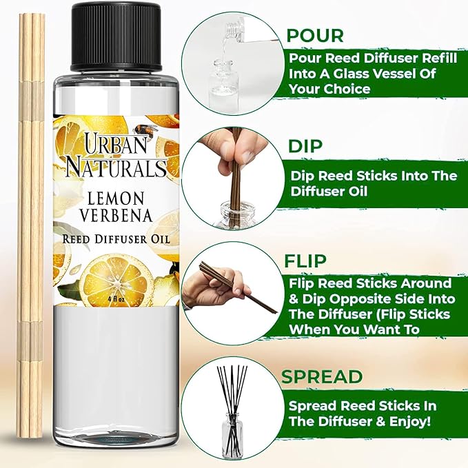 Urban Naturals Lemon Verbena Scented Oil Reed Diffuser Refill | Includes a Free Set of Reed Sticks, 4 oz (2 Pack)