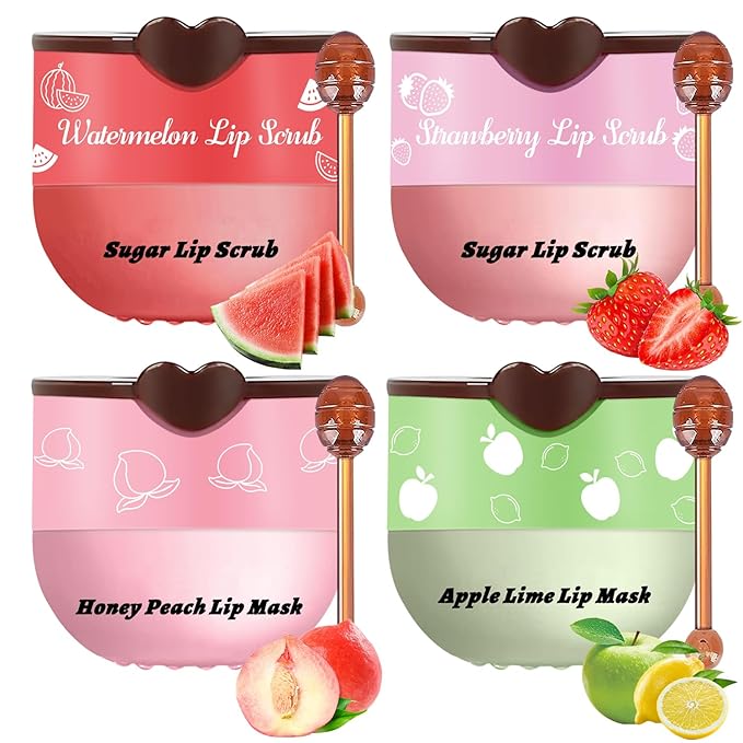 4 PCS Bee Lip Balm Honey Pot, Hydrating Lip Mask & Lip Scrub Set, Watermelon Strawberry Apple Lime Peach Moisturizing Lip Sleeping Mask Prevention Dry and Cracked, Reduce Lip Lines