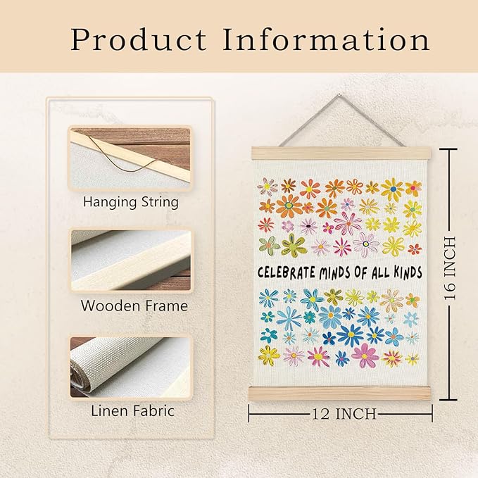 Exqcom Mental Health Wall Decor, Floral Autism Awareness Wall Art Poster, Celebrate Minds of All Kinds Posters for Therapy Counselor Office Classroom, 12x16 Inches