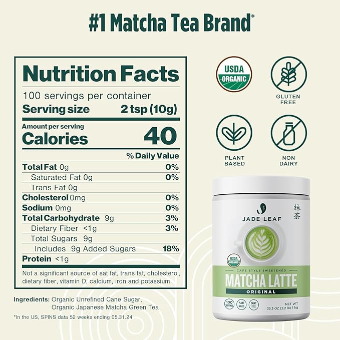 Jade Leaf Matcha Organic Cafe Style Sweetened Matcha Latte Green Tea Powder, Premium Barista Crafted Mix - Authentically Japanese, 100 Servings (2.2 Pound Bulk Tub)