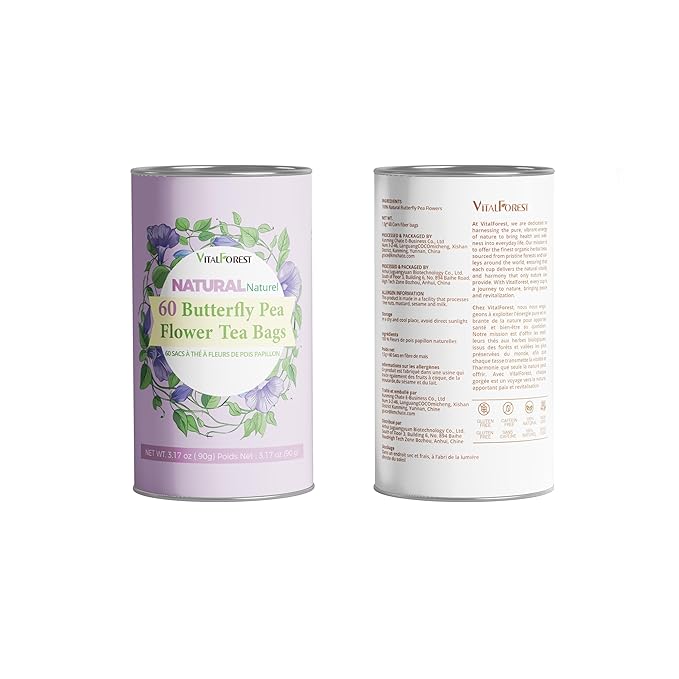 60 Dried Butterfly Pea Flower Tea Bags, VitalForest Butterfly Blue Pea Flower Tea, Premium Caffeine Free, Non-GMO, for Cooking, Iced Tea, Coolers, Cocktails and Mocktails