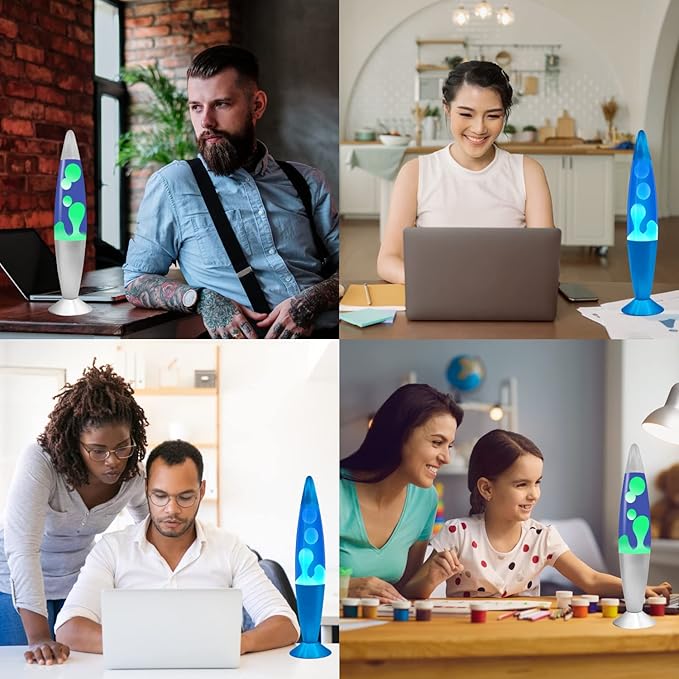 JAMBO 2 Pack- 16" Beautiful Lamp- Silver with Yellow/Green Wax and Blue with Blue/White Wax, Relaxing Liquid Lamp, Night Light Nightlight, Lamps for Adults Teens Kid