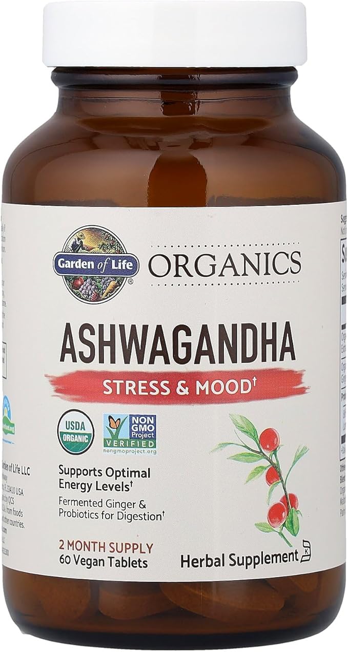 Garden of Life Organic Ashwagandha Supplement with Probiotics & Ginger - Stress, Mood & Energy Support, Vegan, Gluten Free, Non GMO, 2 Month Supply, 60 Tablets