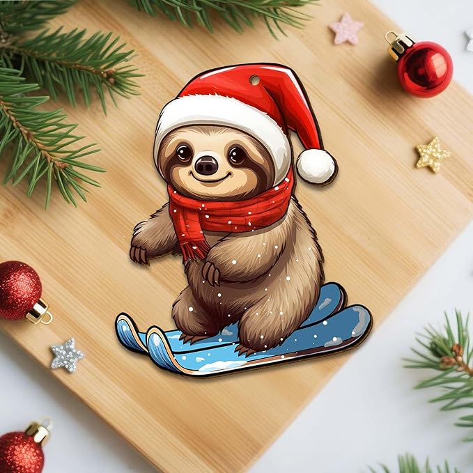 2 Side Printed Cute Sloth Wooden Christmas Ornaments, Keepsake for Women, Men and Friends, Sloth Christmas Tree Ornaments, Christmas Tree Hanging Decorations