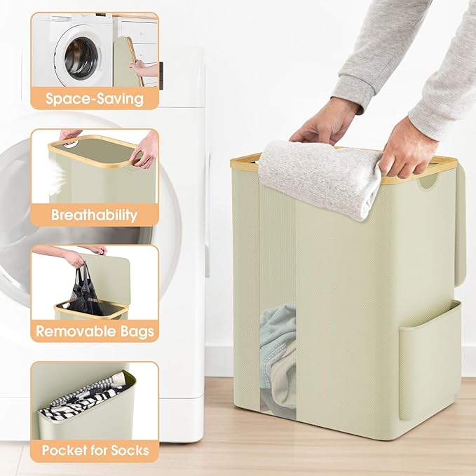 Laundry Basket Clothes Hamper with Lid and Pocket Large Collapsible Laundry Baskets with Handle, Freestanding Hampers for Bedroom Aesthetic, Dorm, Bathroom, Laundry Room (80L, Beige)