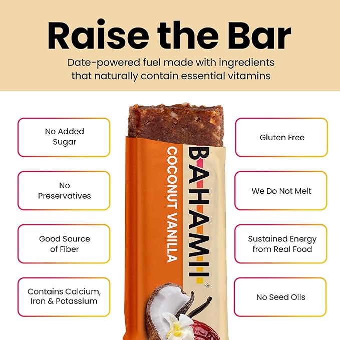 Bahamii Almond Nut & Date Bars - Coconut Vanilla, 12 Pack, Only 6 Ingredients, Soft & Delicious Snack Bar with Almonds, Dates, Organic Coconut, Vanilla, Sea Salt, Diabetic Snacks, Gluten Free, Vegan