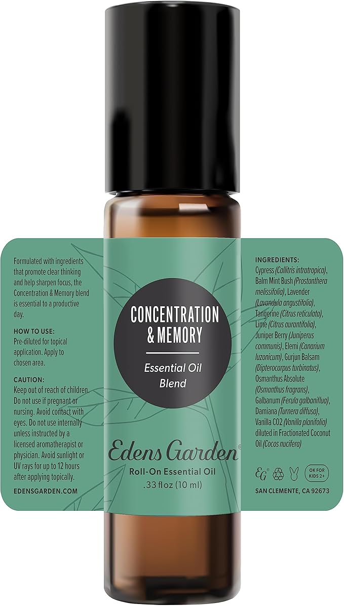 Edens Garden Concentration & Memory Essential Oil Roll-On Blend- 100% Pure Premium Grade, Natural, Therapeutic, Aromatherapy, Kid & Skin Safe, The Best for Tension Pre-Diluted 10 ml (.33 fl oz)