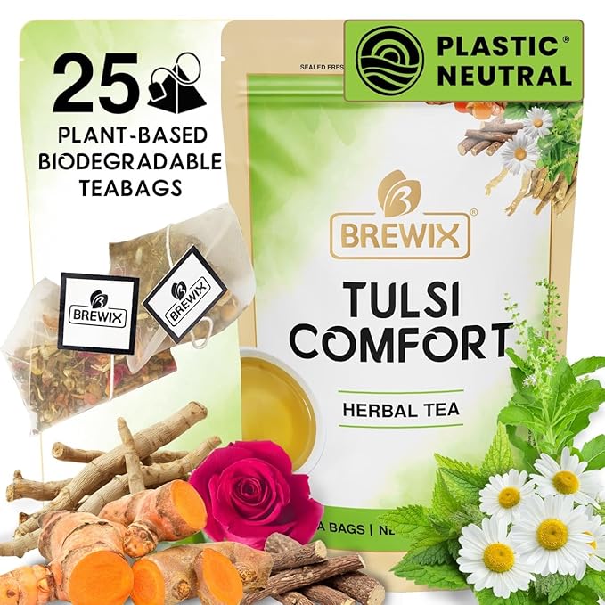 BREWIX, Tulsi Holy Basil Tea Bags (25 Pyramid Bags) | Tulsi Leaves | Holy Basil & Chamomile | Caffeine Free | Herbal Tea Bags | Calming, Fresh and Cool Flavor