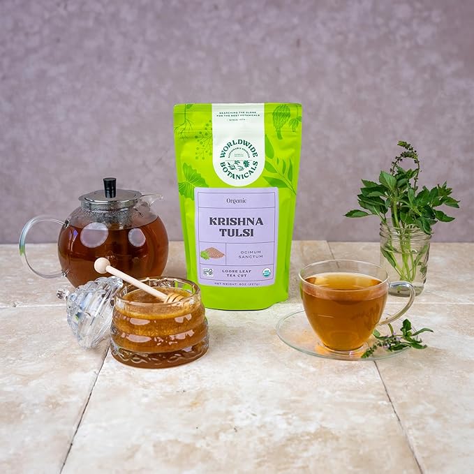 Worldwide Botanicals Organic Holy Basil Tea, 8oz - Tulsi Krishna - Loose Leaf Premium Herbal Tea, 100% Pure Tulsi Holy Basil, Fair Trade, Adaptogenic, Kosher