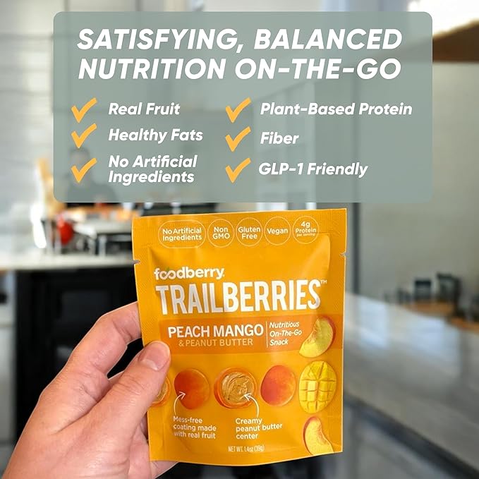 Foodberry Peach Mango & Peanut Butter Trailberries, Nutritious Snack, Delicious Bites of Creamy Peanut Butter Coated in Real Fruit (Like Softer Fruit Leather), 4g Protein, 4g Fiber, Pack of 6