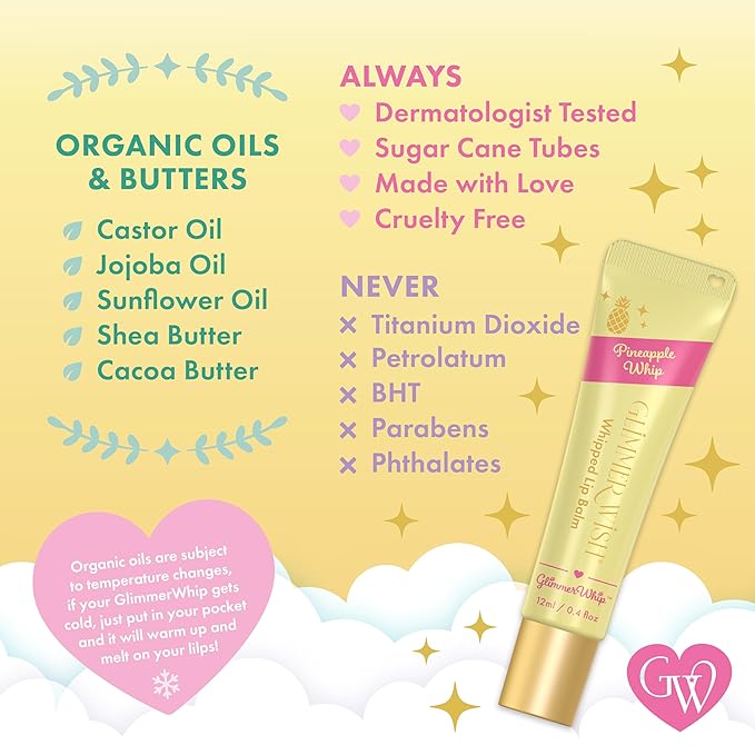 Glimmer Wish Glimmer Whip Hydrating Lip Balm – Organic Castor & Jojoba Oils, Shea & Cocoa Butters – Vegan, Non-Toxic, Moisturizing Lip Care (Pineapple Whip)