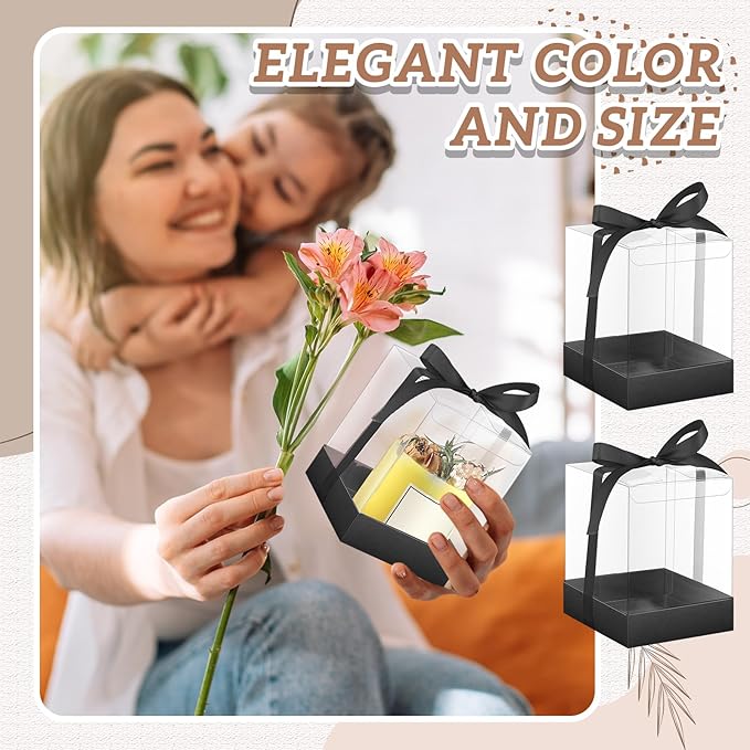 Cunno 36 Set 3.5 x 3.5 x 4.3 in Candle Package Transparent Gift Box 4-18 oz Handmade Tealight Candle Holder Bulk Paper Bottom Ribbon for Wedding Baby Shower Party Mug Cake Wine Glasses(Black)