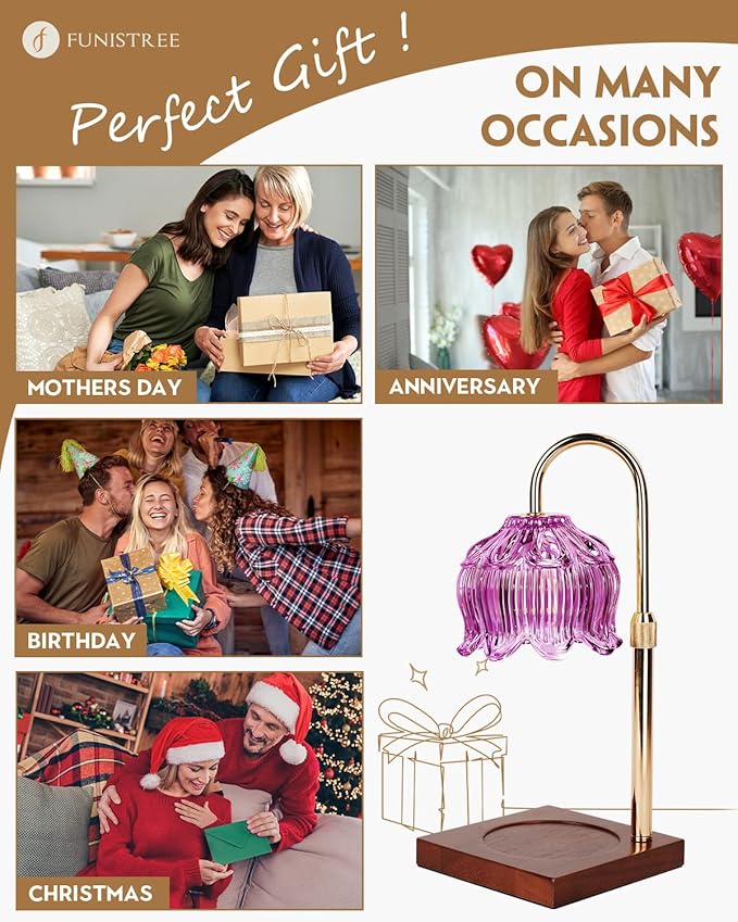 Candle Warmer Lamp with Timer Dimmable, Height Adjustable Birthday Gifts for Women Mom House Warming, Home Decor, Lotus Flower Candle Lamp Warmer 2 Bulbs Inc (Purple)