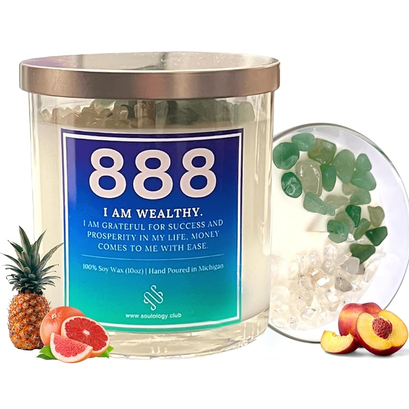 888 Angel Number Candle, 10oz, Crystal candle, 100% Soy Wax & Phthalate-Free Fragrance candles, Gifts candles for women, Angel Number Gift, Money Drawing Candle, Money Candle