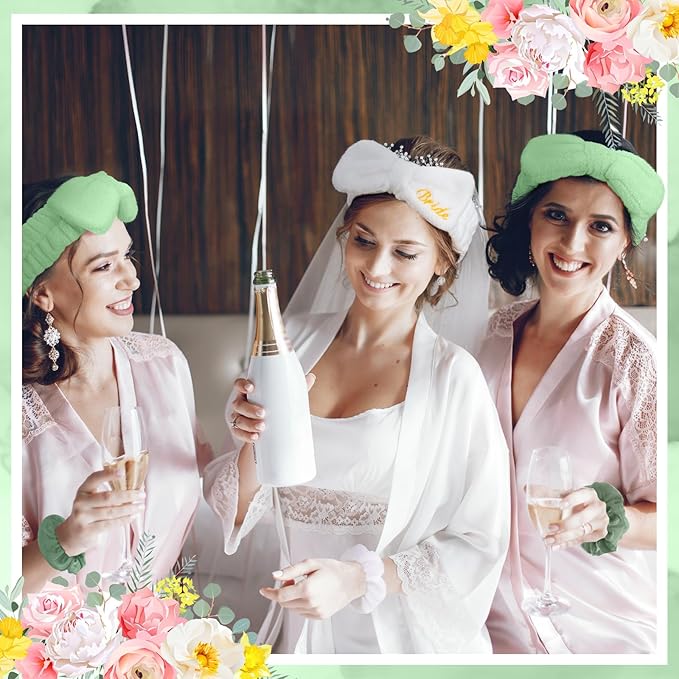 24 Pcs Bachelorette Party Favors Include 12 Bride Bridesmaid Spa Headband 12 Bridesmaid Gifts Scrunchies for Women Sleepover Spa Bachelorette Party Accessories Supplies(White, Green)