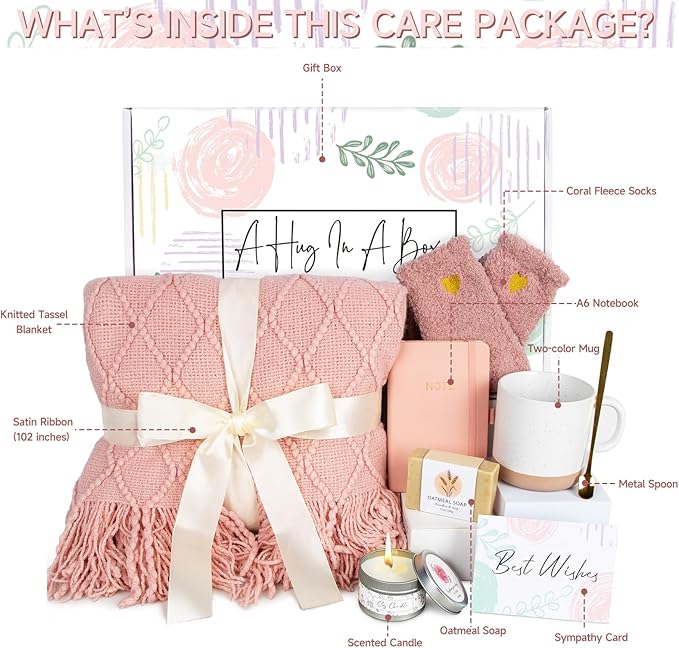 Get Well Soon Gifts for Women - Sending Hug Sympathy Gifts, Care Package Feel Better Basket for Sick Friends, Relaxing Inspirational Gift, Birthday Gift for Women, Blanket Mug Set (Pink)