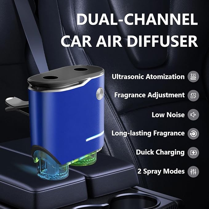 Smart Car Air Fresheners with Dual-Channel Diffuser & 4pcs Essential Oils, Automotive Scent Dispenser Rechargeable Aromatherapy Diffuser Vent Clip for Cars, 3 Adjustable Modes, Long-Lasting Fragrance