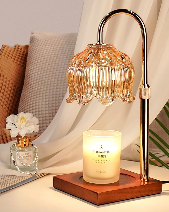 Candle Warmer Lamp with Timer Dimmable, Height Adjustable Birthday Gifts for Women Mom House Warming, Home Decor, Lotus Flower Candle Lamp Warmer 2 Bulbs Inc (Amber)