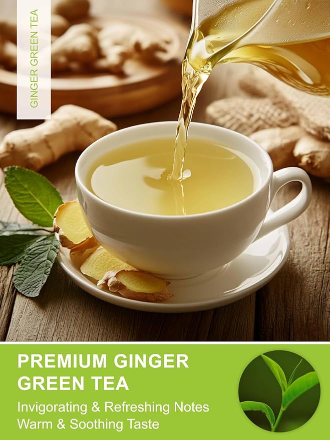 TeeLux Ginger Green Tea, Brisk Green Tea with Spicy Ginger, Zesty & Warm Flavor, Low Caffeine, 100 Count