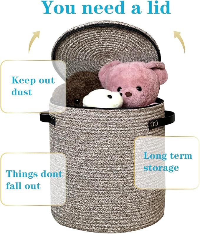 Cotton rope Storage Basket with Zipper cover & Woven baskets with Lid easy to move Multi-Purpose Storage Basket for Living Room, 13 x14 inches(Brown)