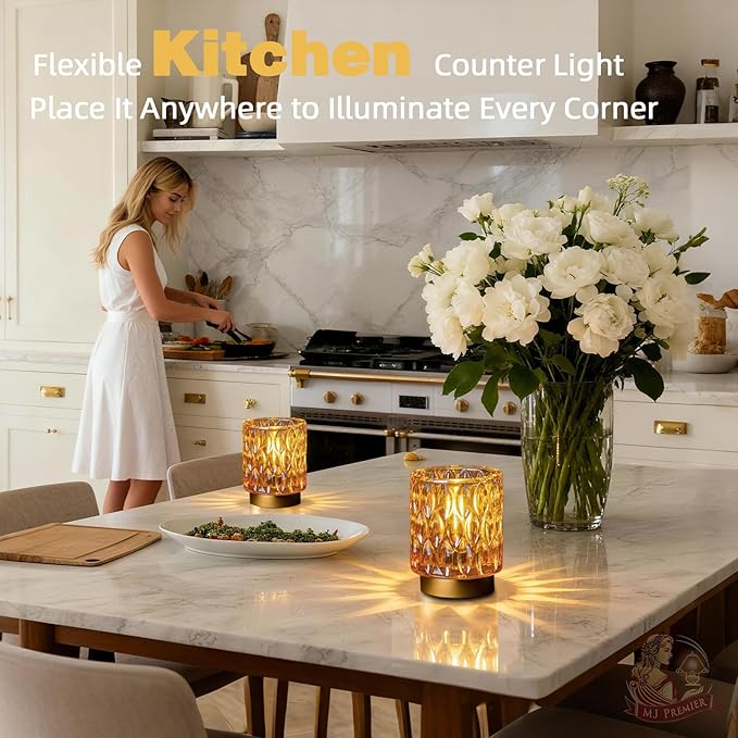 Battery Operated Table Lamps Timer, Mini Crystal Lamp for Area No Plug, Cordless Lamp with LED Bulb for Power Outage, Decorative Lamps for Tabletop/Corner/Entryway/Stairway/Bathroom/Fireplace(2*AMBER)