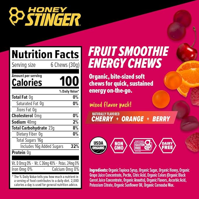 Honey Stinger Organic Fruit Smoothie Energy Chew, Gluten Free & Caffeine Free, for Exercise, Running and Performance, Sports Nutrition for Home & Gym, Pre and Mid Workout, 12 Pack, 21.6 Ounce