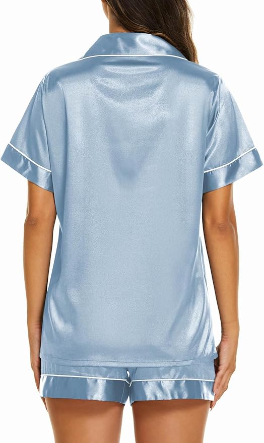 Ekouaer Silk Pajamas for Women Short Sleeve Sleepwear Soft Button Down Loungewear 2 Piece Satin Pjs Shorts Set S-XXL