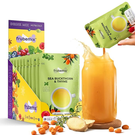 Frubemix Sea Buckthorn & Thyme – Honey Sweetened, Purée-Based Drink Mix | No Artificial Flavors | Sparkling Refreshers, Cocktails & Mocktails | Hot or Iced (10 Count)