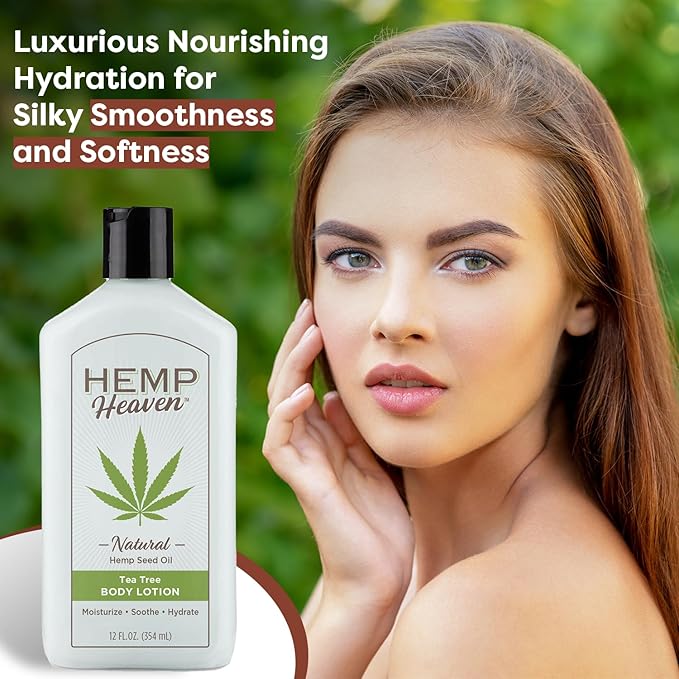 Hemp Heaven Lotion - Moisturizing Body Lotion with Natural Hemp Seed Oil & Tea Tree Scent, 12 oz, Paraben-Free Hemp Lotion for Women & Men, Made in USA, Soothes & Nourishes