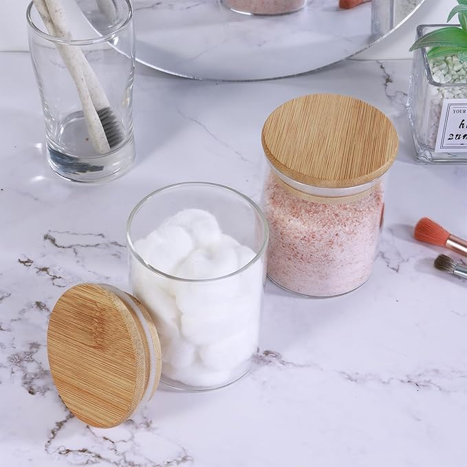 2 Pack Glass Jars with Bamboo Lids - Airtight Bathroom Storage Containers for Organization, Decor & Kitchen Pantry - 7.6oz Small Jars, Eco-Friendly Bath & Kitchen Accessories
