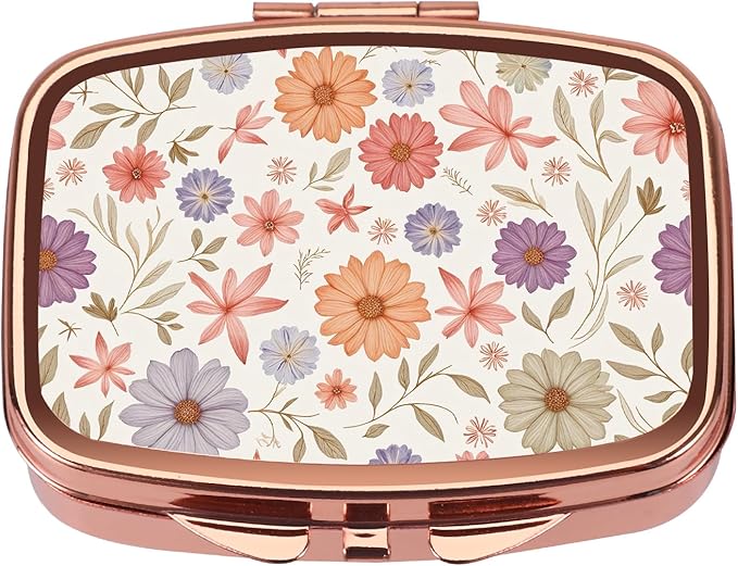 Dynippy Pill Case Pill Box with Mirror Retro Pocket 2 Compartment Medicine Case Vitamin Pill Organizer for Pocket Purse and Travel (Rose Gold-Wildflower Pattern)