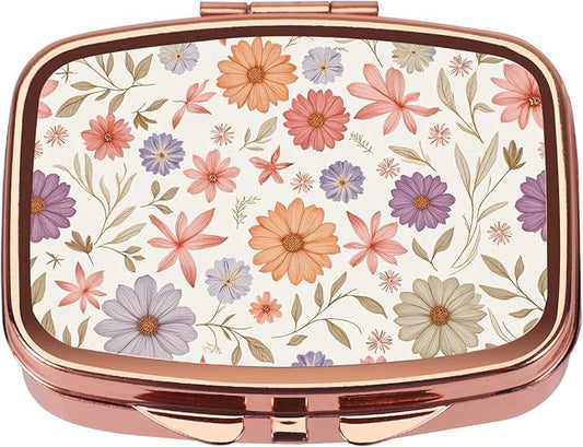 Dynippy Pill Case Pill Box with Mirror Retro Pocket 2 Compartment Medicine Case Vitamin Pill Organizer for Pocket Purse and Travel (Rose Gold-Wildflower Pattern)