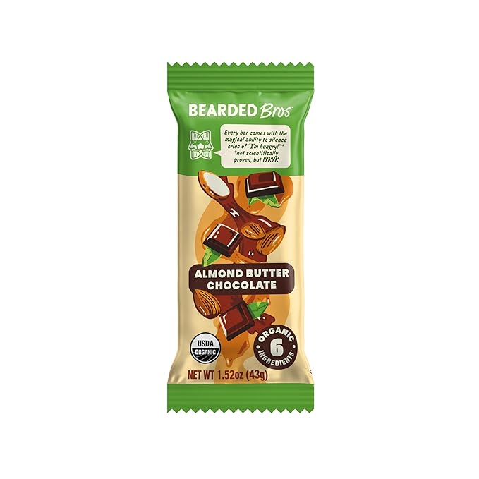 Bearded Brothers, Organic Vegan Protein Energy Bars, Almond Butter Chocolate (12 Pack) - Gluten Free, Paleo, Non GMO, Soy Free, Low Glycemic, No Sugar Added, Whole 30, Fiber (Packaging May Vary)