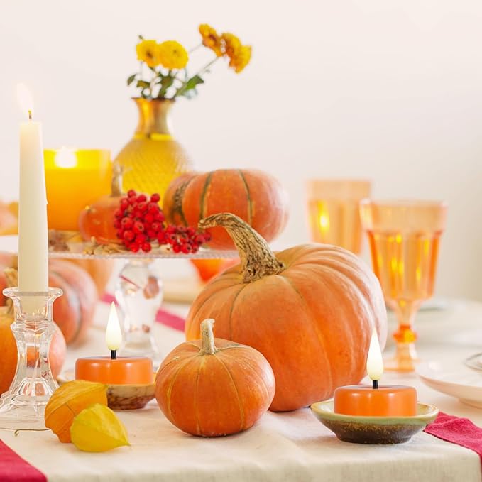 Eywamage Orange Flameless LED Tealights with Remote Batteries, Halloween Fall Battery Tea Votive Candles Real Wax Flickering Set of 10