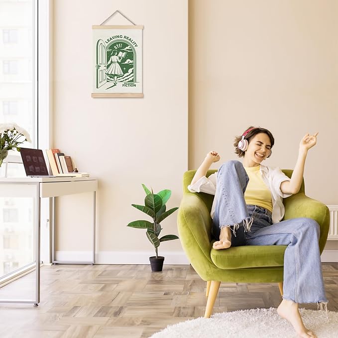 Exqcom Retro Green Funny Reading Wall Art Poster, Reading Nook Decor, Book Club Decorations, Leaving Reality Entering Fiction Humorous Posters for Book Nook Room Library Classroom, 12x16 Inches