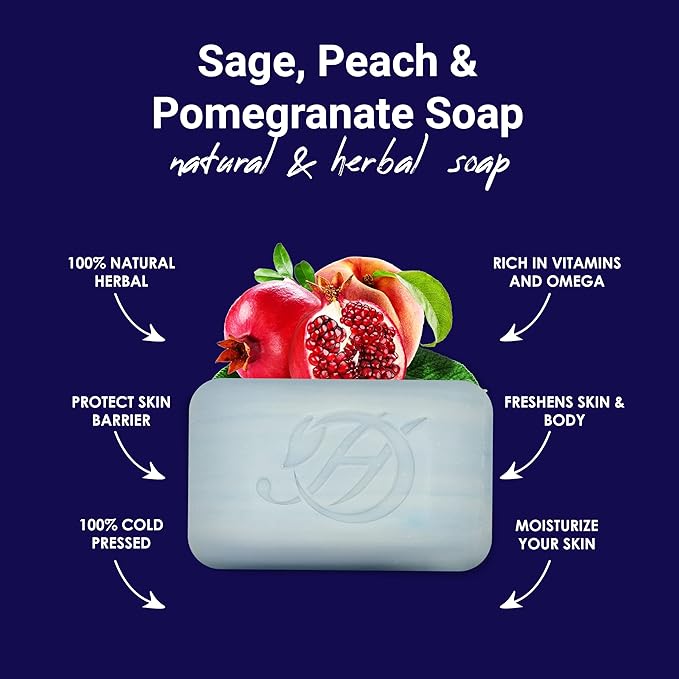 HERBOGANIC Sage Peach and Pomegranate Herbal Soap | Pack of 6 of 5oz soap Bar | Ideal for Men and Women, Soothing and Nourishing Soap for Moisturization