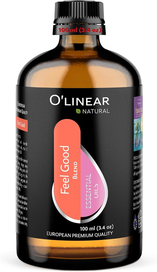 Premium Aromatherapy Essential Oil Feel Good Blend - 3.4 Fl Oz Happy & Relaxing Scent for Diffusers for Home - Relax Essential Oils for Humidifiers with Lavender Rose Lemon Cinnamon Geranium Aroma