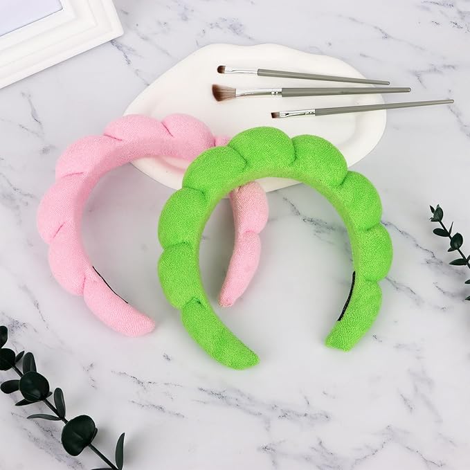 AMCAMI 2 PCS Puffy Spa Headband for Women Sponge Headbands for Girls Terry Towel Cloth Fabric Head Band for Skincare,Makeup Removal,Face Washing,Facial Mask,Shower,Hair Accessories（Green&Light Pink）
